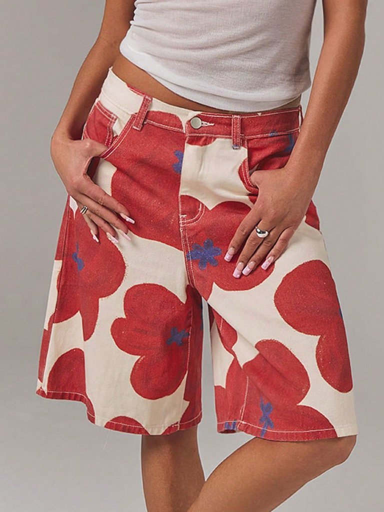 Multicolor Casual Women's Denim Floral Print Low Waist Shorts